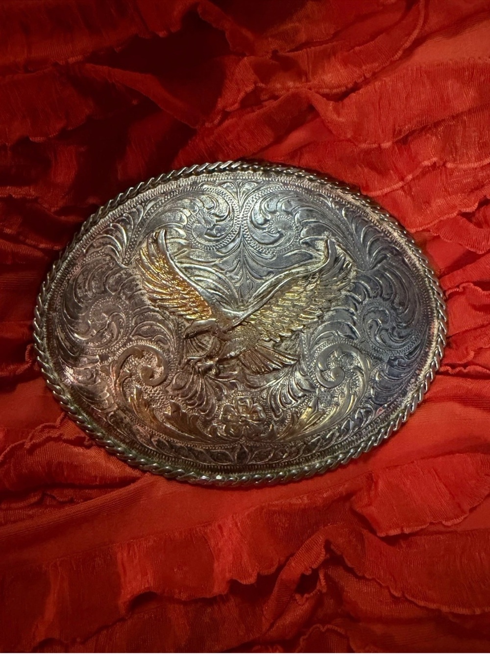 Vintage Justin Mexico Two-Tone Eagle Oval Western Belt Buckle in Silver and Gold
